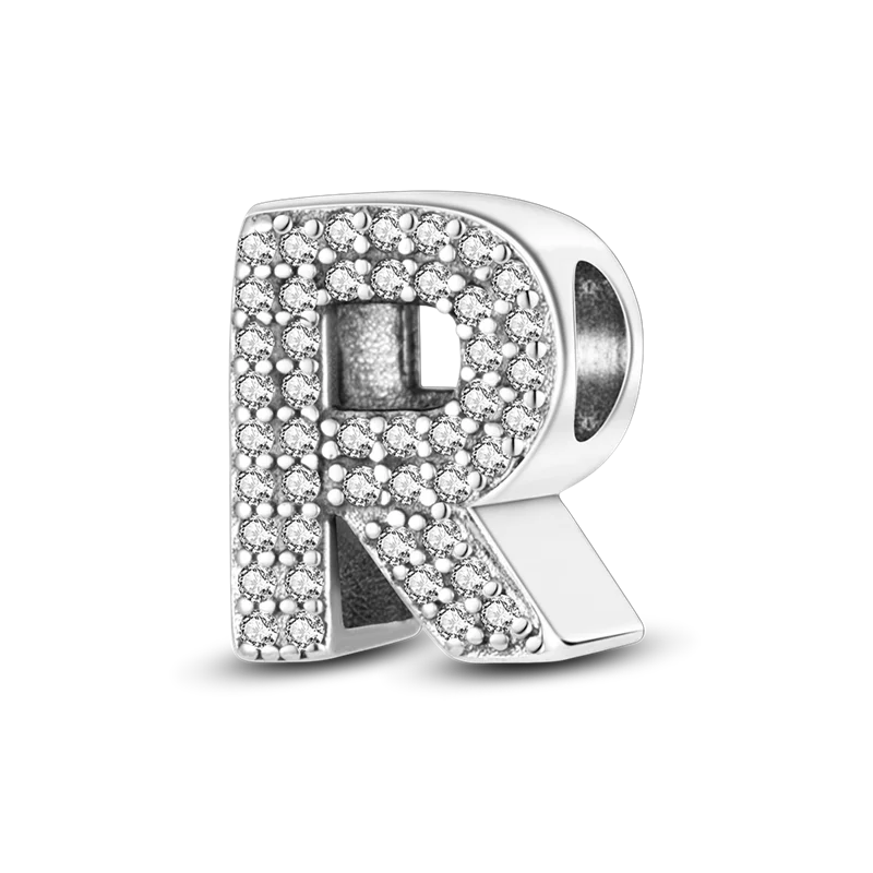A personalized sterling silver alphabet charm bead shaped like the letter R, encrusted with cubic zirconia stones.