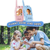 Two pink and blue kids video walkie-talkies with 2.0-inch screens being used by children outdoors