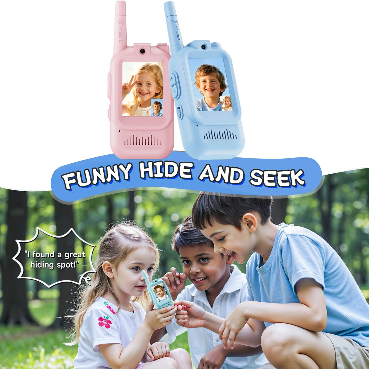Two pink and blue kids video walkie-talkies with 2.0-inch screens being used by children outdoors