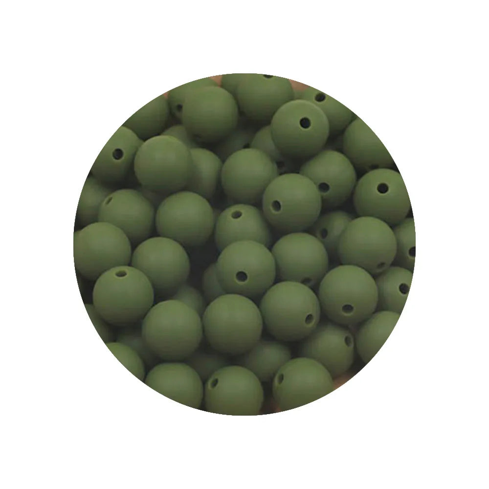 A circular arrangement of small, olive green silicone beads for DIY jewelry making.