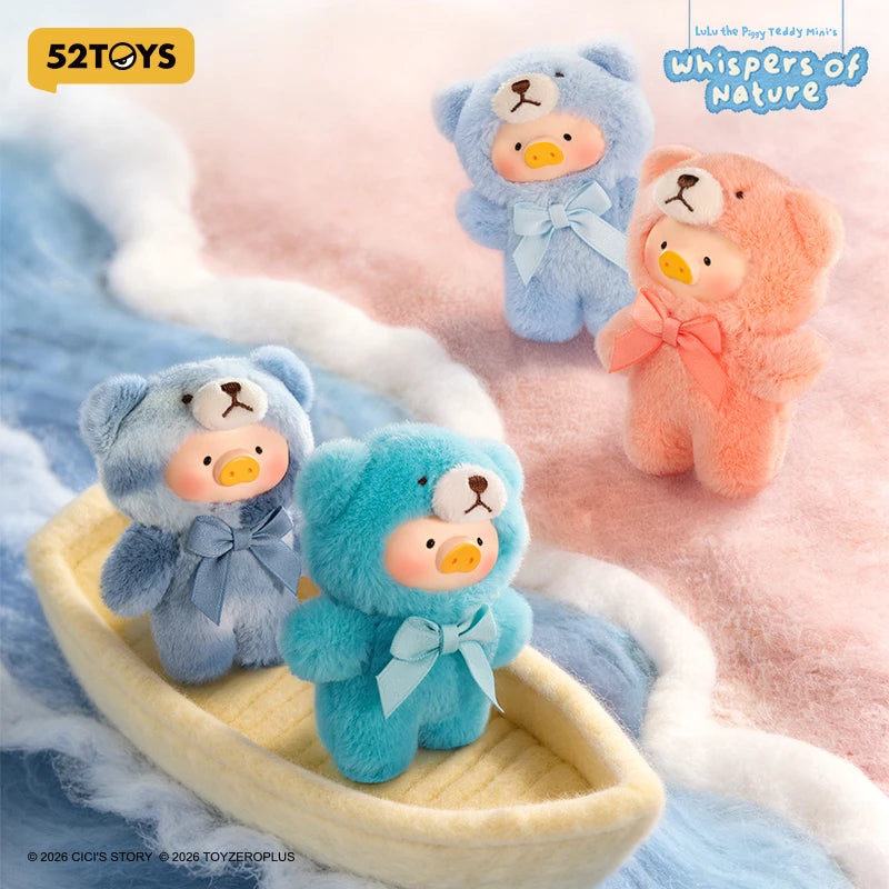 A collection of fluffy blue and orange teddy bears and a yellow boat on pink fuzzy fabric.