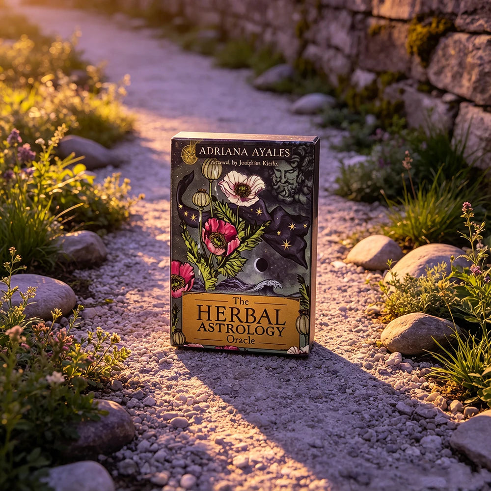 A box of The Herbal Astrology Oracle cards resting on a sunlit stone path surrounded by greenery and rocks.