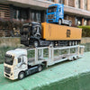 A 1:50 scale diecast truck featuring a black Mercedes-Benz container and a blue Mercedes-Benz tractor.