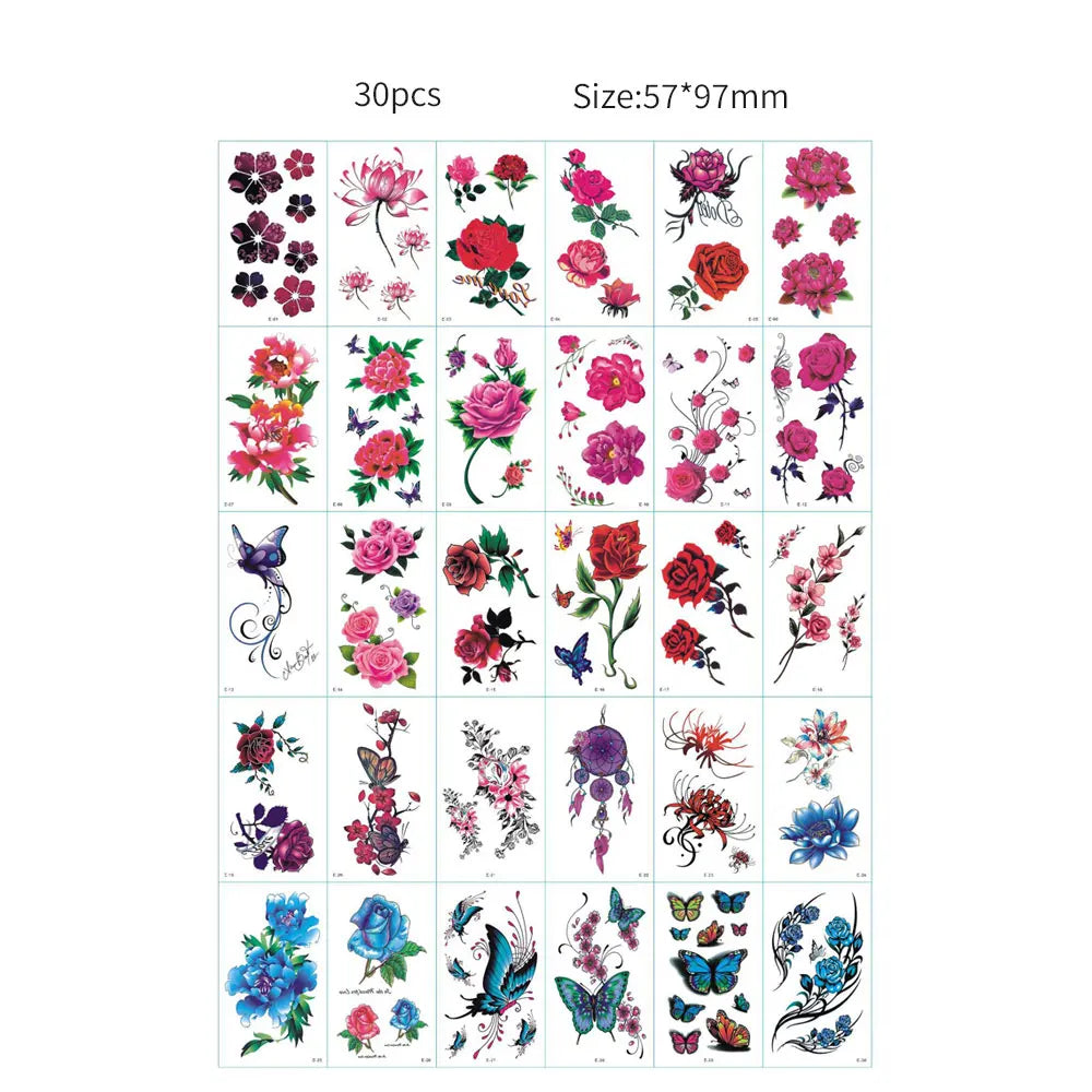 A collection of 30 temporary tattoos featuring various floral and nature designs for kids and adults.