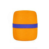 Orange foam microphone windscreen covers with a blue band.