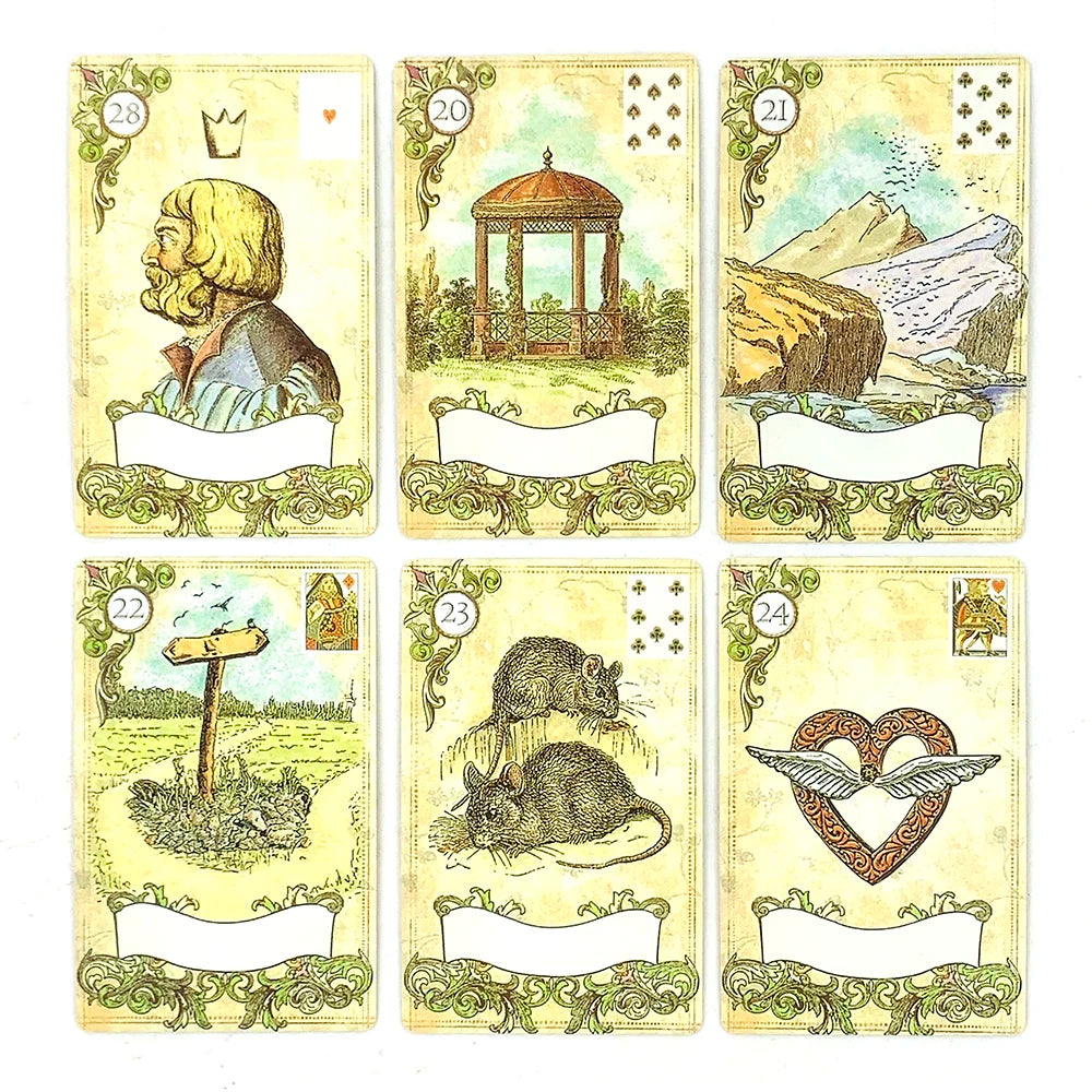 A set of six Lenormand oracle cards featuring various symbols and numbers for divination.