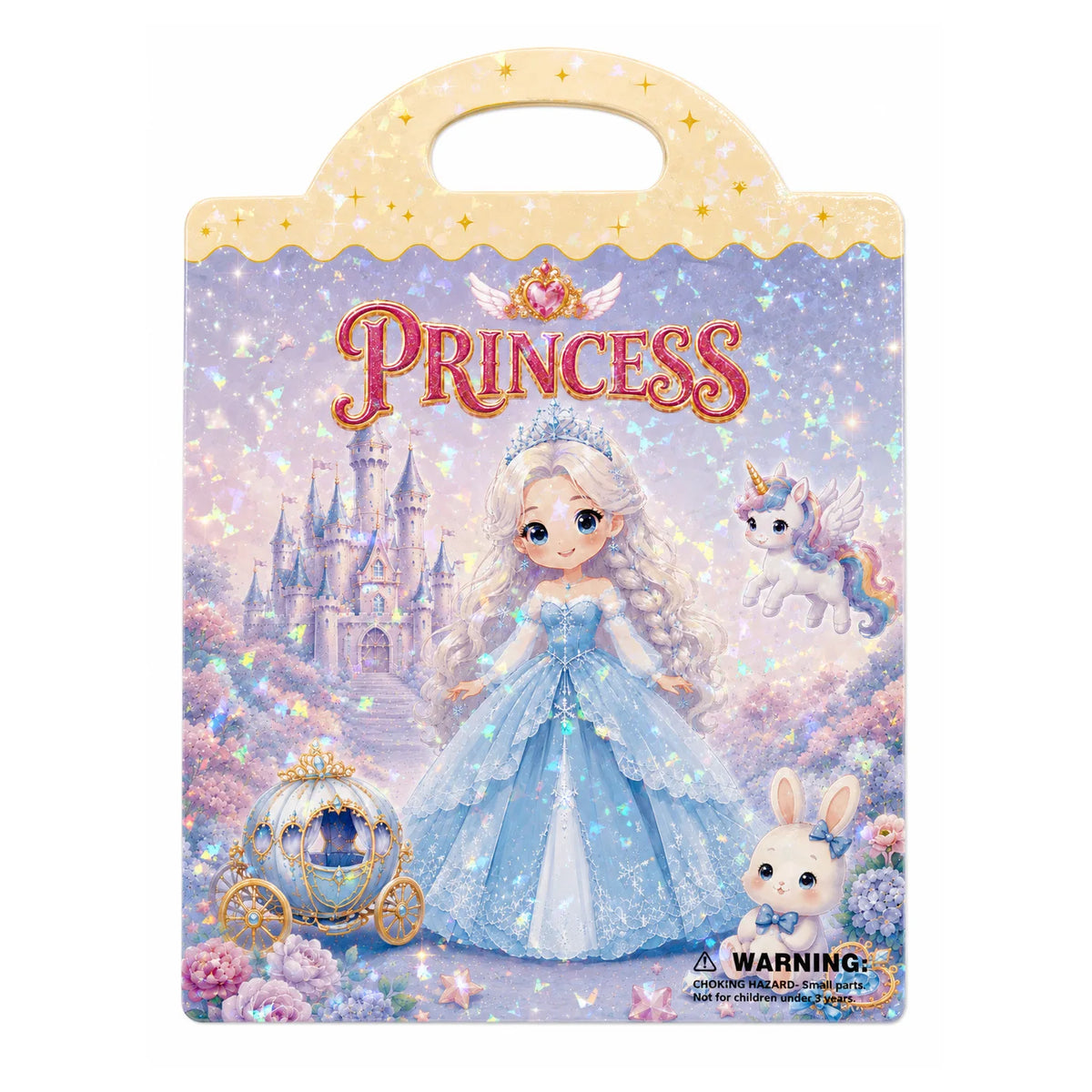 A colorful sticker book cover featuring a princess in a blue gown surrounded by magical elements and castles.