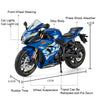 Blue 1:12 scale diecast motorcycle model with lights and suspension features.