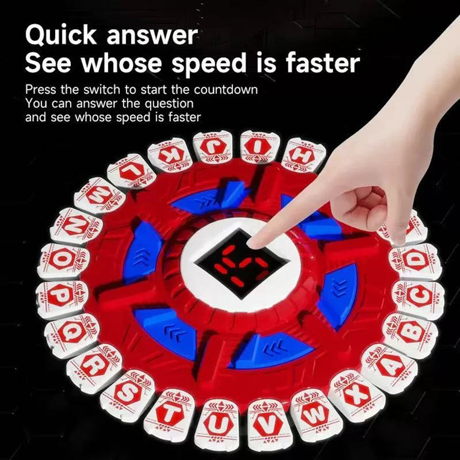 A hand is pressing a switch on a red game disc to start a countdown for a fast-paced alphabet word game.