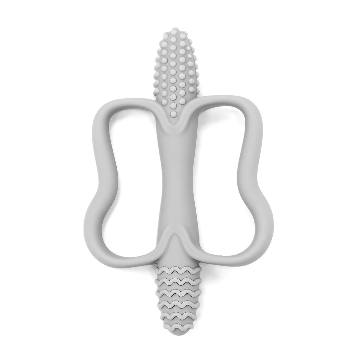 A silicone teething stick with a textured, ridged end and a curved body.