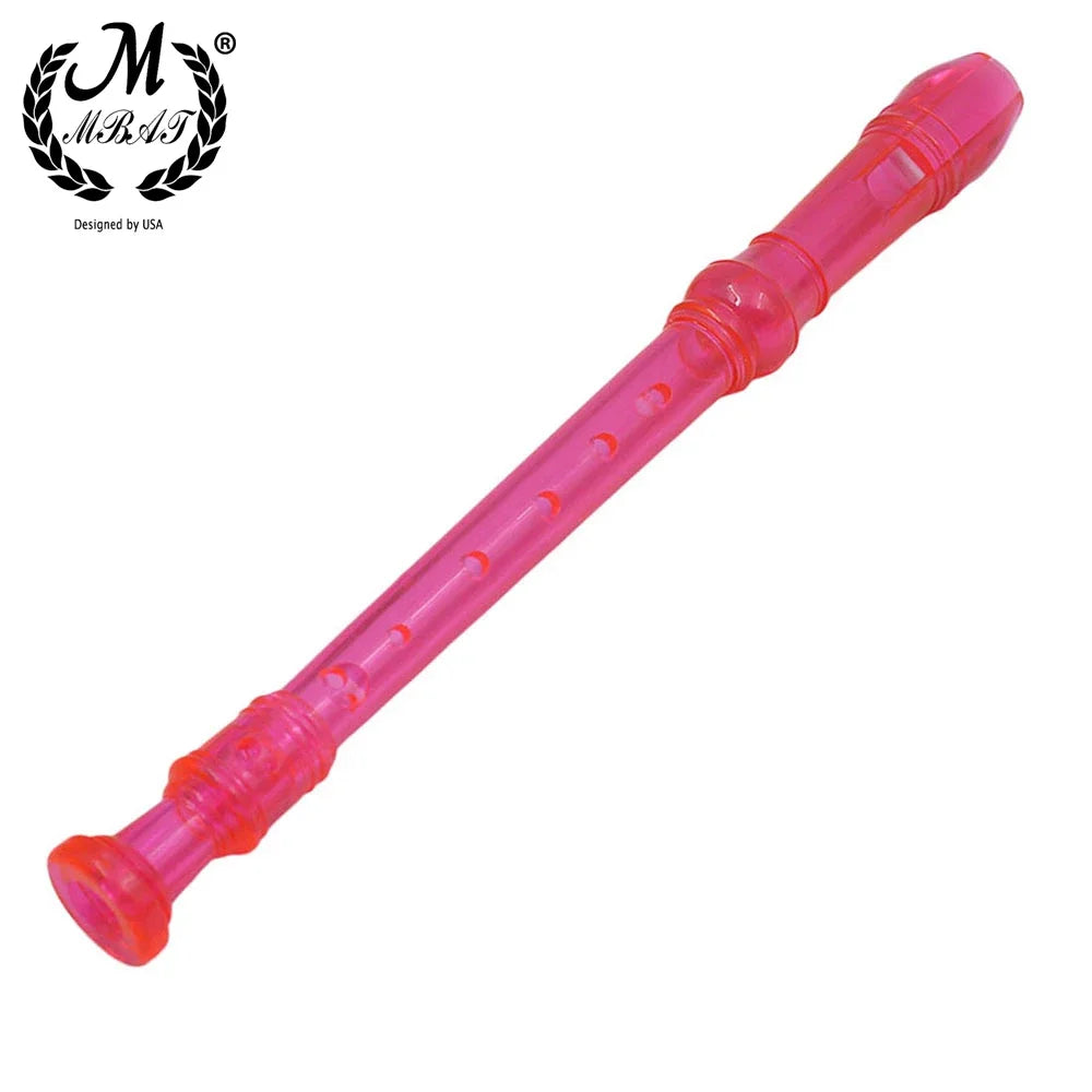 A pink transparent soprano recorder with a cleaning rod is shown against a white background.