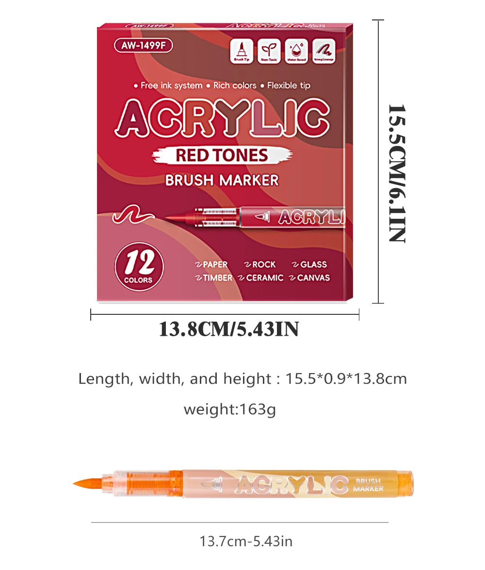 Acrylic Marker Set with Soft Brush Tips – 12 Colors