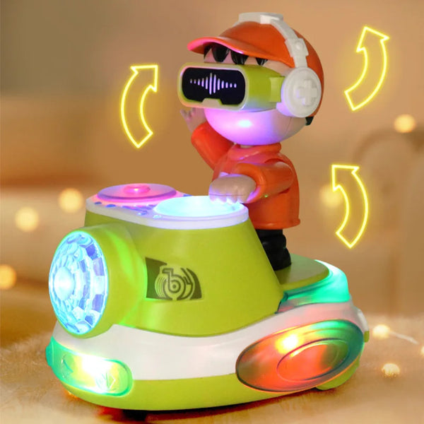 An orange-clad character wearing a VR headset stands next to a lime green interactive DJ car with glowing lights.