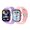 A purple kids smart watch with a pink strap displaying a digital clock and various icons.