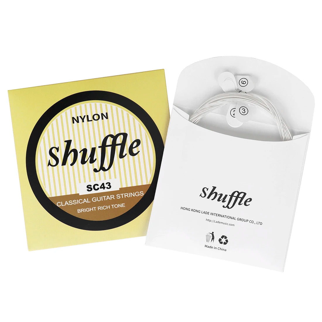 Packaging for Shuffle nylon classical guitar strings with a silver-plated copper wound set