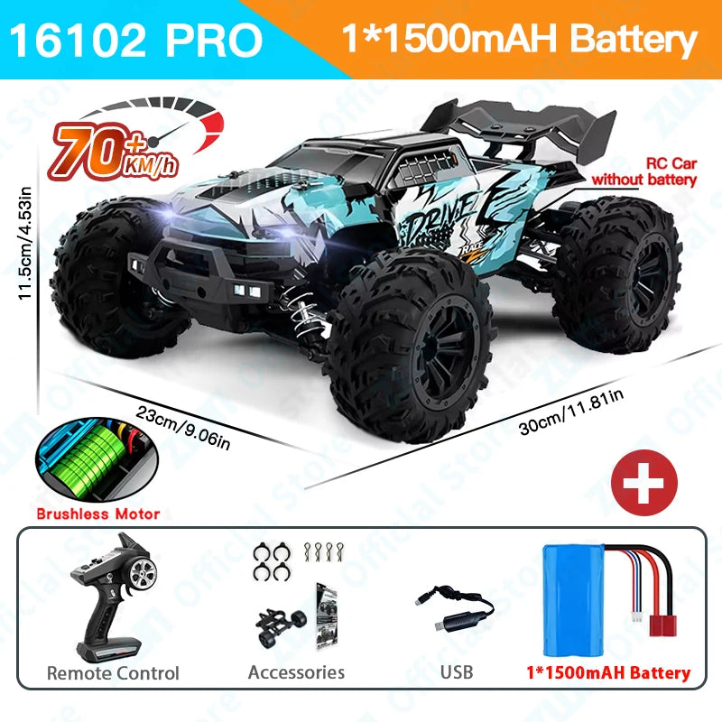 A black and blue 16102 PRO RC monster truck with large tires and LED lights shown in a studio setting.
