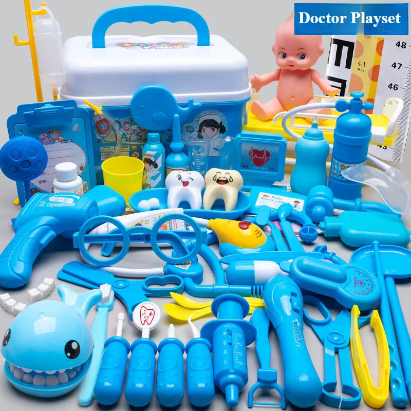 A collection of blue medical play tools including stethoscopes, syringes, scalpels, and toy doctor figures.