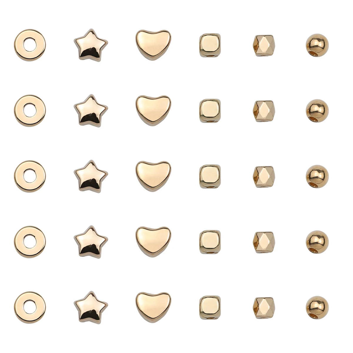 A collection of 580 gold and silver plated beads in various shapes including round, star, heart, and square forms for jewelry