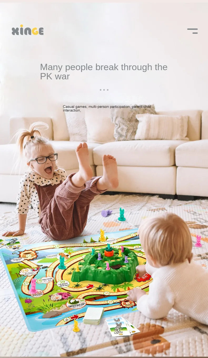 A toddler plays with a colorful rabbit trap puzzle game on the floor in a bright living room setting.