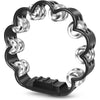 Black and silver petal-shaped hand-cranked tambourine with an ergonomic grip.