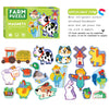 A box of farm animal magnets and a collection of individual farm animal magnets for a puzzle set.
