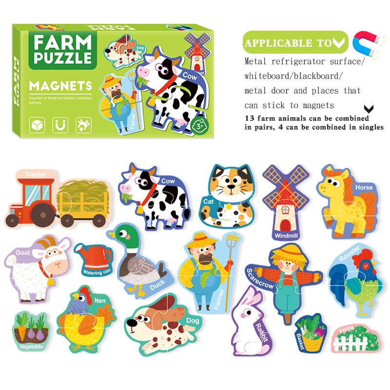 A box of farm animal magnets and a collection of individual farm animal magnets for a puzzle set.