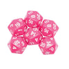 A set of pink twenty-sided dice showing various numbered faces.
