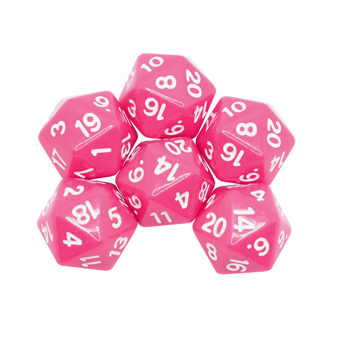 A set of pink twenty-sided dice showing various numbered faces.