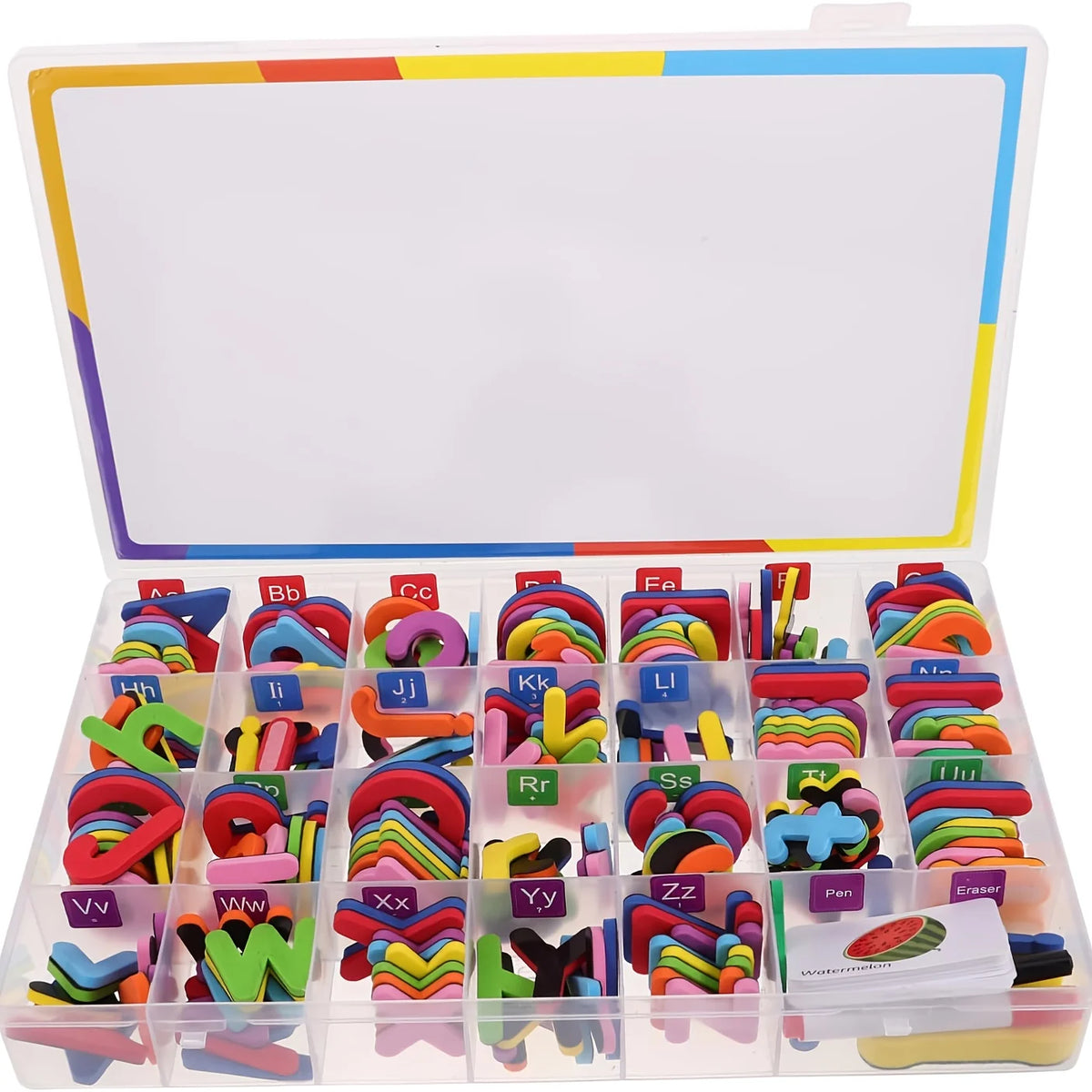 A plastic kit containing magnetic alphabet letters and spelling tools for children.