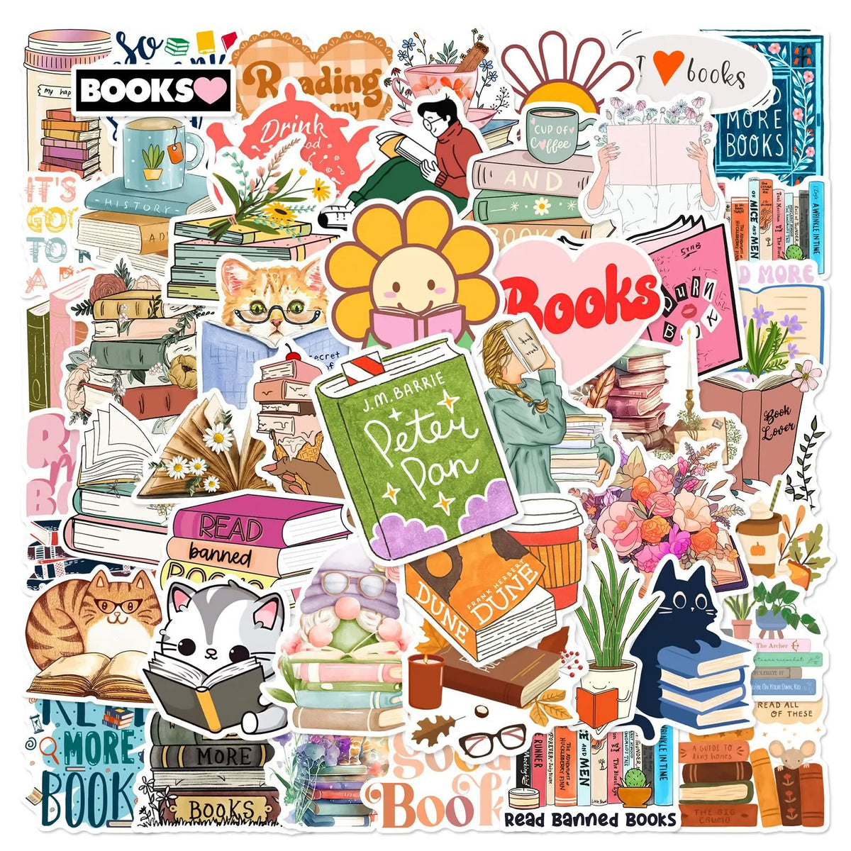 A colorful sticker set featuring cute characters, books, and literary themes for journaling and scrapbooking.