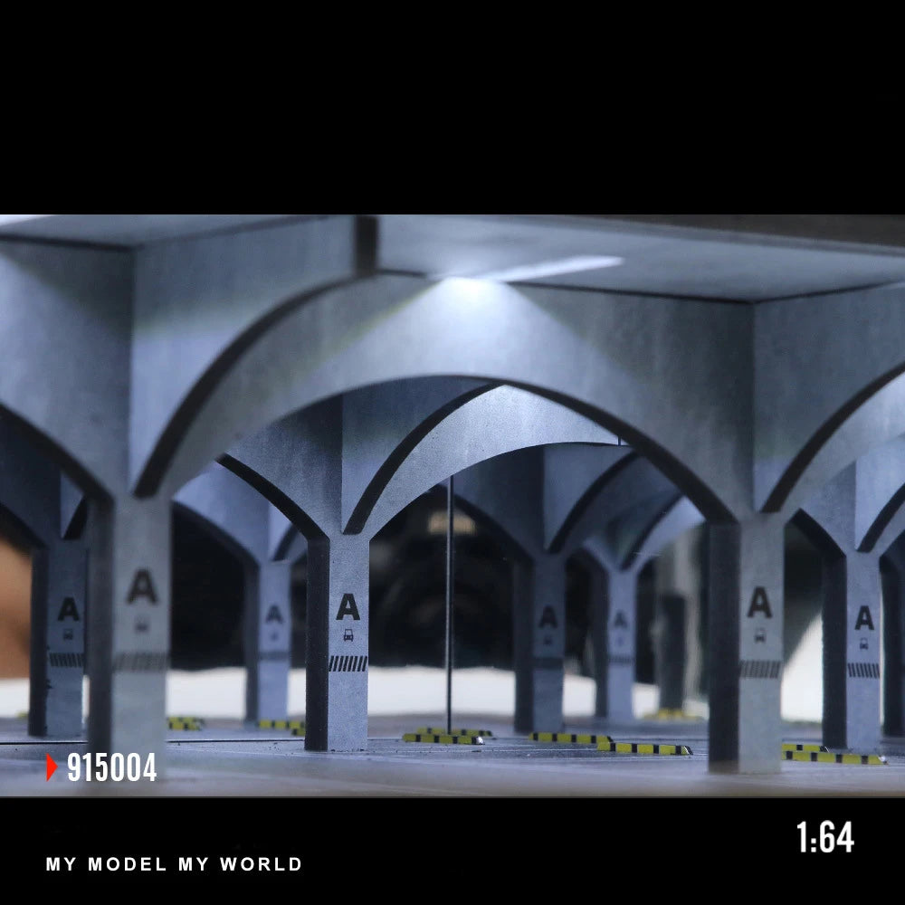 A 1:64 scale LED light-up underground garage diorama featuring an arched structure and pillars.