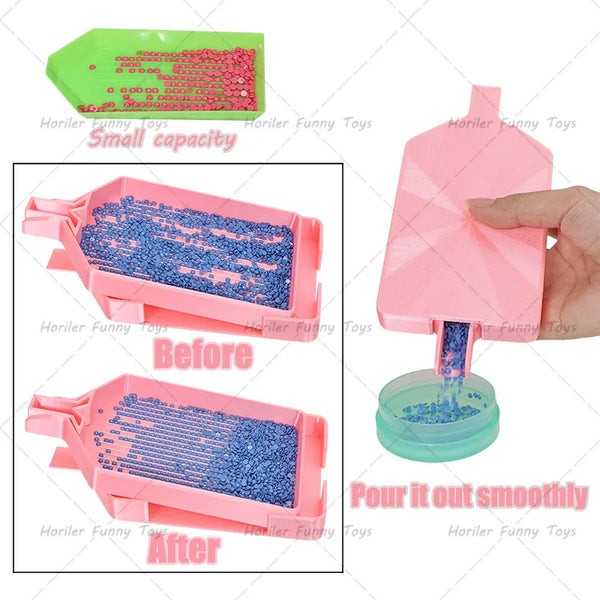 A pink diamond painting tray showing before and after results of a beading kit.