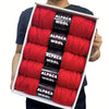 A pack of five red alpaca wool yarns for knitting and crochet displayed in a white box.