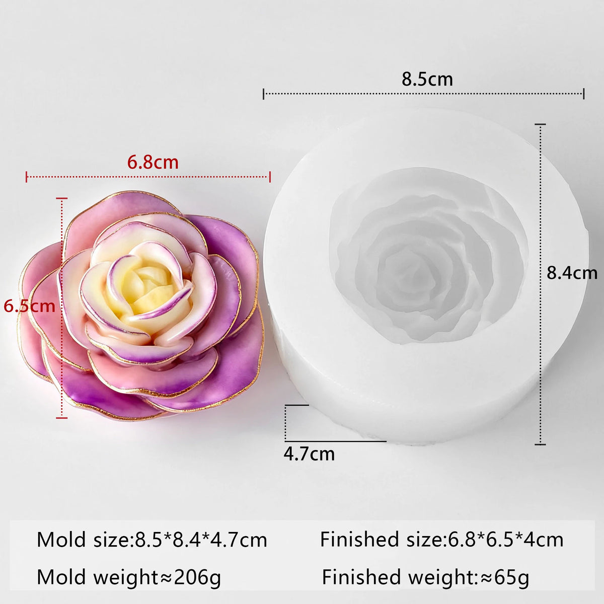 A white silicone mold with a multi-flower design, showing the finished size and weight.