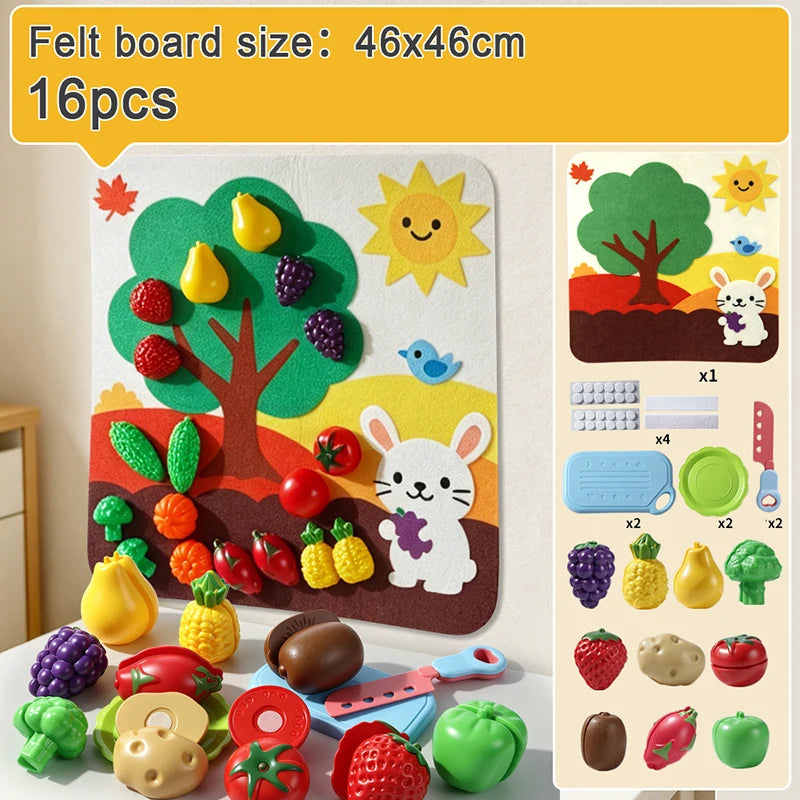 A felt board set featuring various colorful fruits and vegetables like apples, berries, and gourds for pretend play.