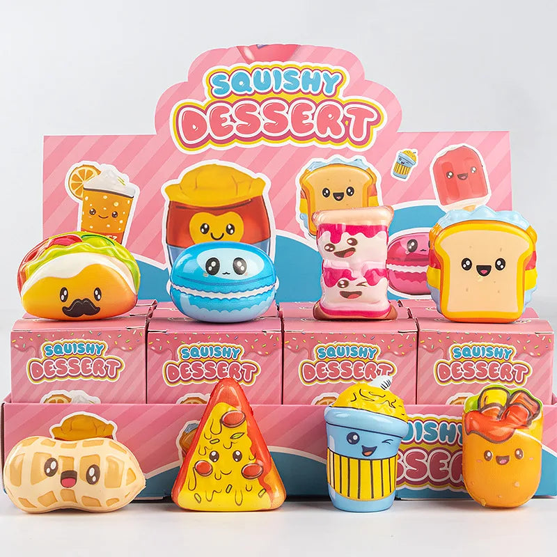 A box of 12 squishy dessert toys featuring cute animal and food characters in various colors.