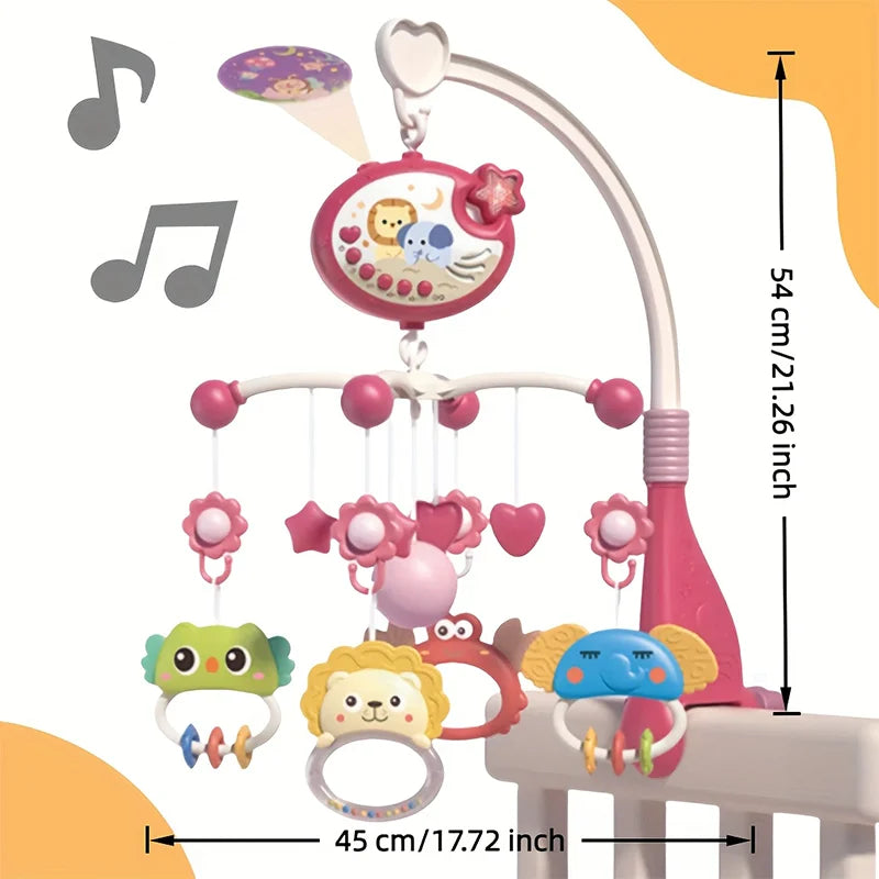 Rosa Baby-Kinderbett-Mobile mit verschiedenen Tierformen und Musikelementen.