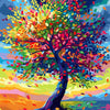 Vibrant autumn tree with colorful leaves against a bright sky and landscape.