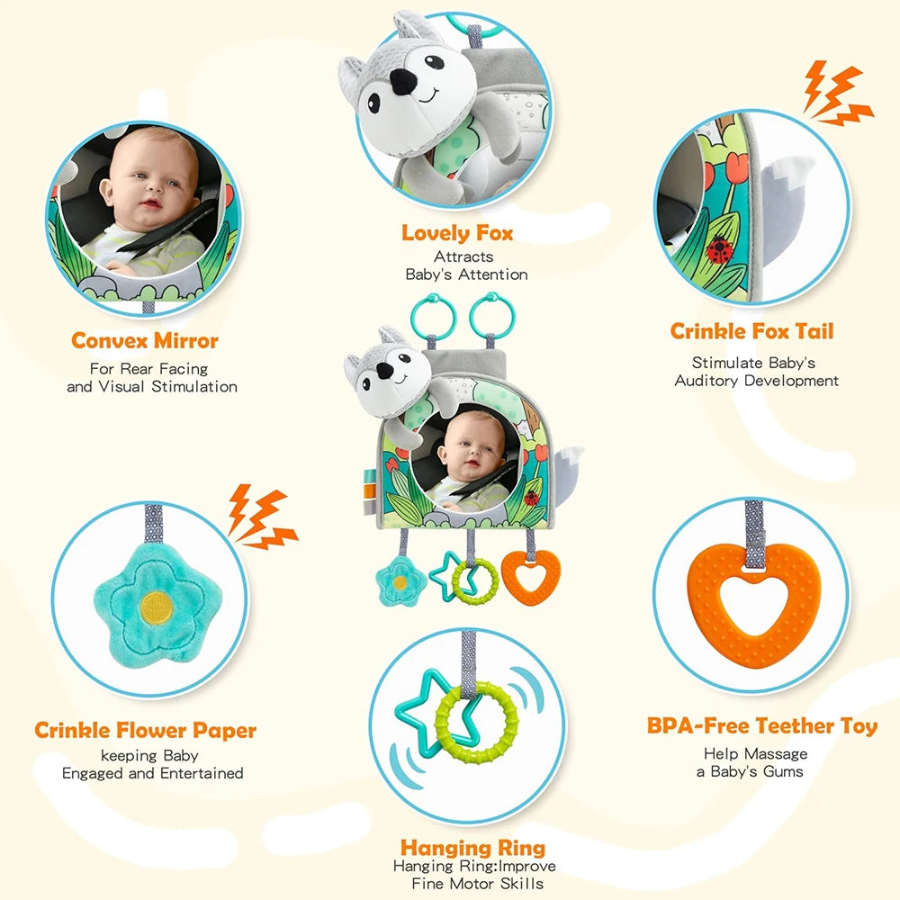 Baby Car Seat Toy with Mirror, Crinkle Paper & Teether