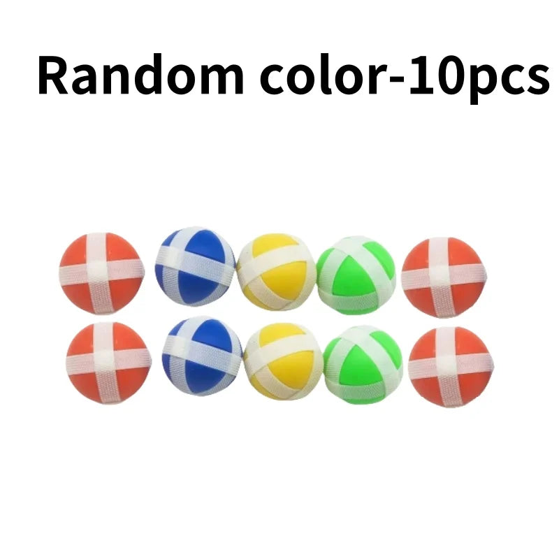 A set of 10 random colored sticky balls used for target shooting games.