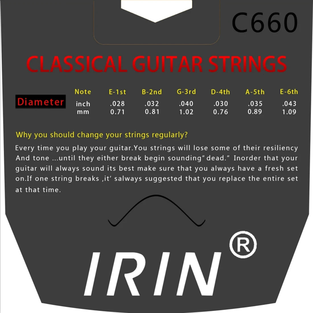 A close-up of classical guitar strings with various gauges and a diagram showing string diameters.