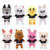 A set of eight cute cartoon animal plush toys featuring various animals like a dog, cat, yellow creature, rabbit, and others.