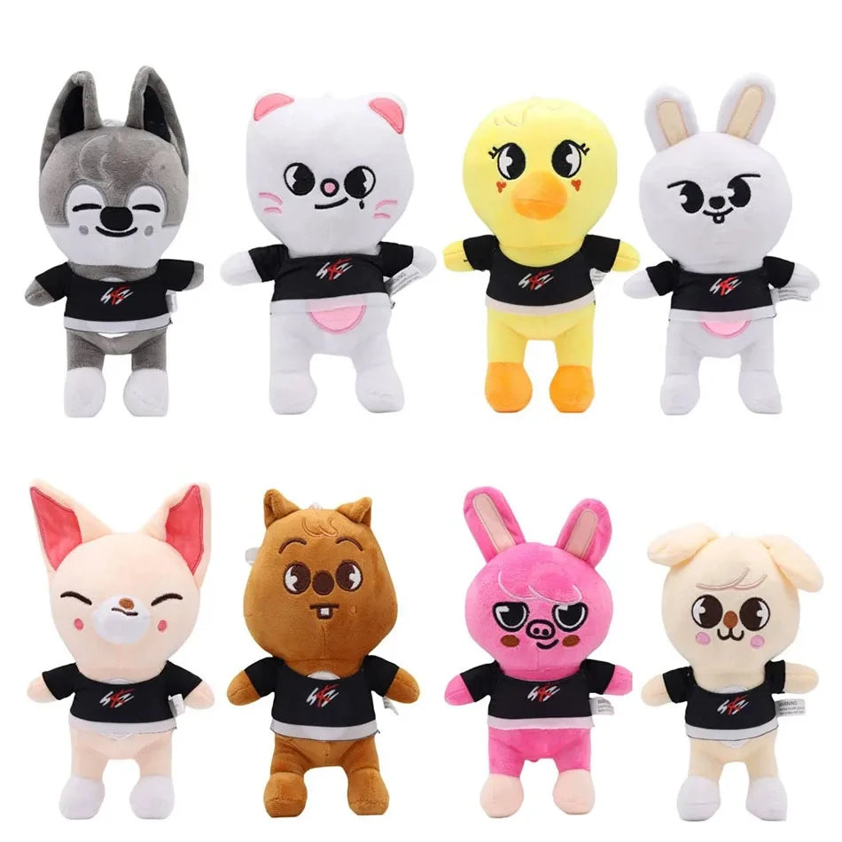 A set of eight cute cartoon animal plush toys featuring various animals like a dog, cat, yellow creature, rabbit, and others.