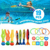 A collection of colorful underwater diving toys including fins and various shapes for swimming pool games.