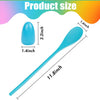 A light blue plastic egg and spoon set with measurements showing the size of the egg and spoon.