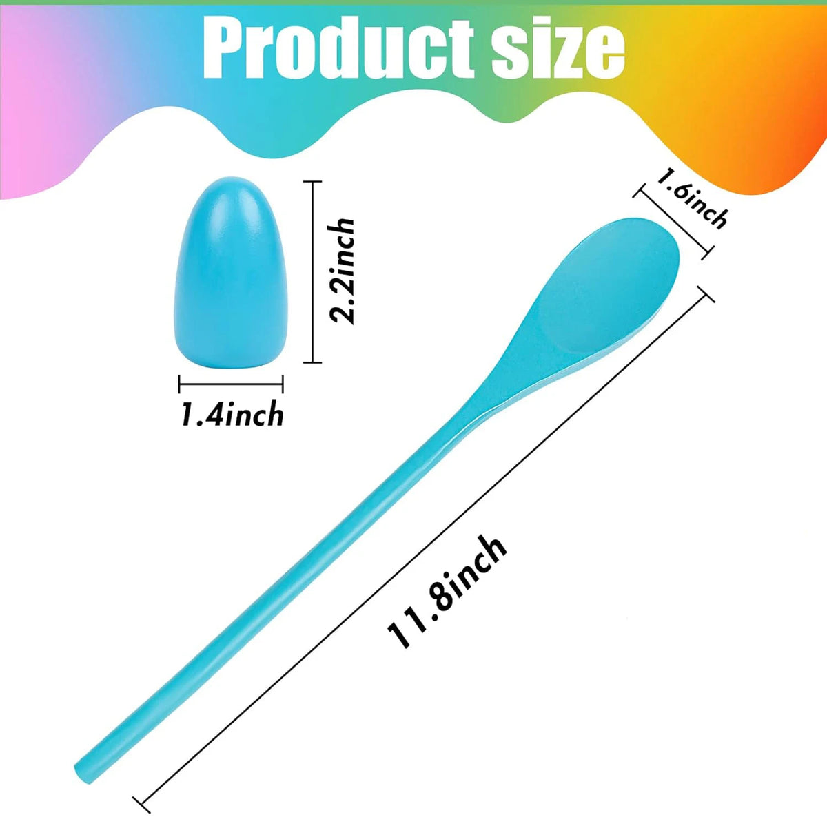 A light blue plastic egg and spoon set with measurements showing the size of the egg and spoon.