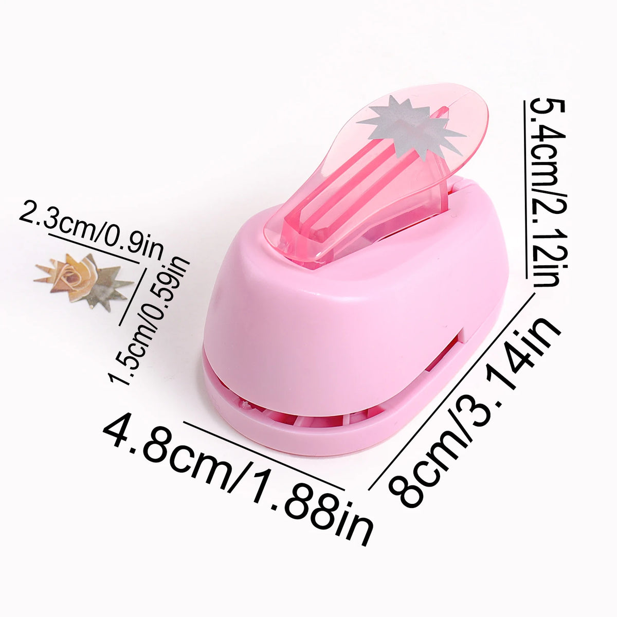 Pink lever action embosser tool with a clear top, showing various sizes and dimensions.