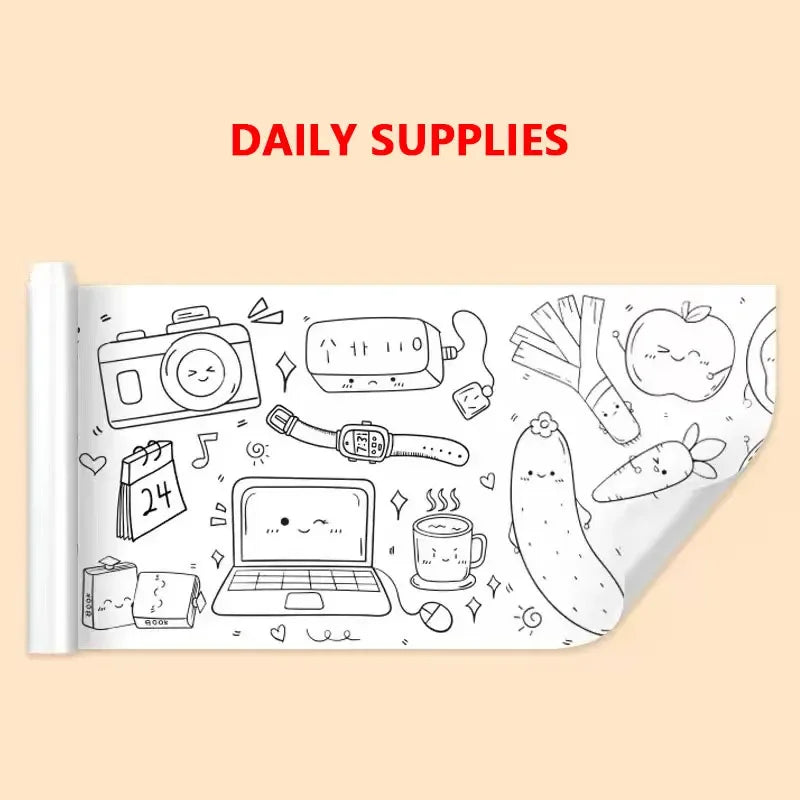 A roll of sticky coloring paper with various doodles including a camera, electronics, food items, and a laptop.