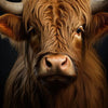 Close-up portrait of a Highland cow with reddish-brown fur and horns against a dark background.