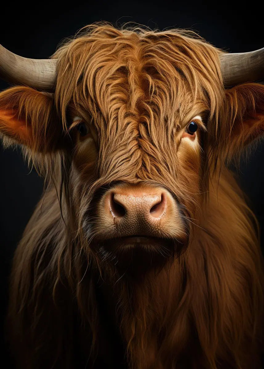 Close-up portrait of a Highland cow with reddish-brown fur and horns against a dark background.